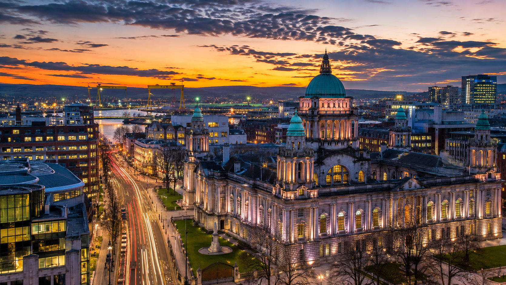 Belfast city skyline at sunset
