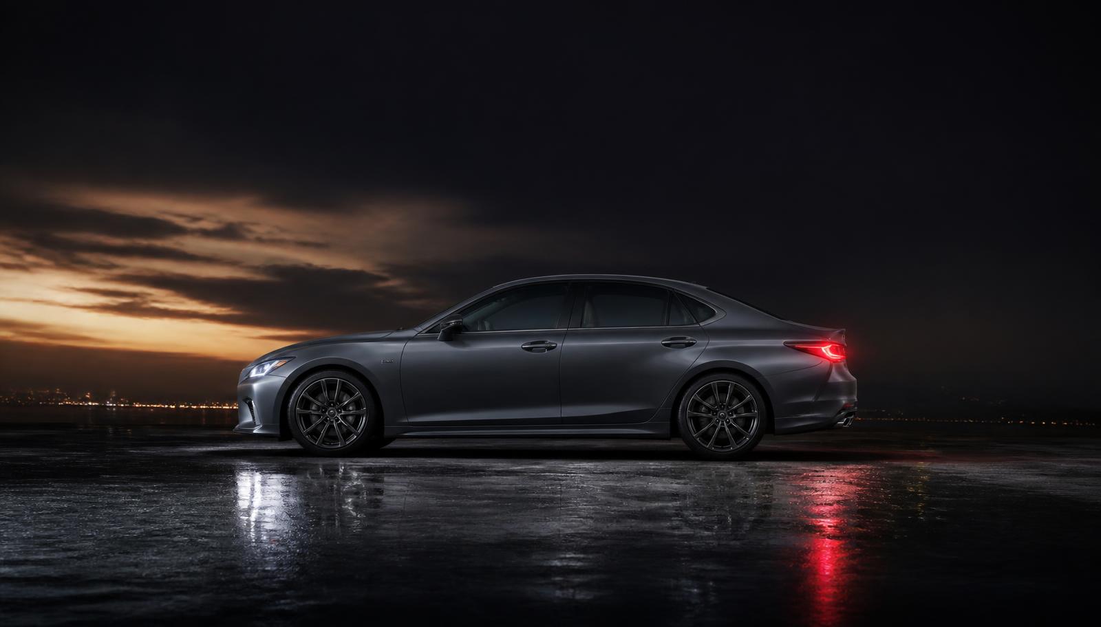 Premium saloon car photographed at dusk
